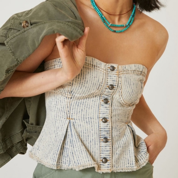 Anthropologie Tops - SOLD   HOST PICK ☆Anthropologie Denim Peplum Corset Top,  Blue Stripe